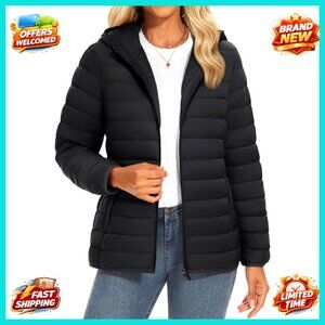 Lightweight Quilted Puffer Jacket with Hood Elastic Cuffs 4 Pockets Chic